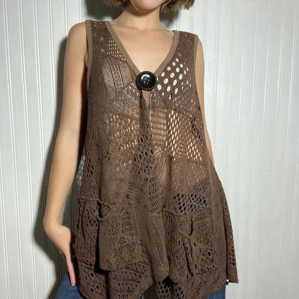 Lily by Firmiana Whimsigoth Brown Crochet Knit Vest Boho Longline Goblincore - L
